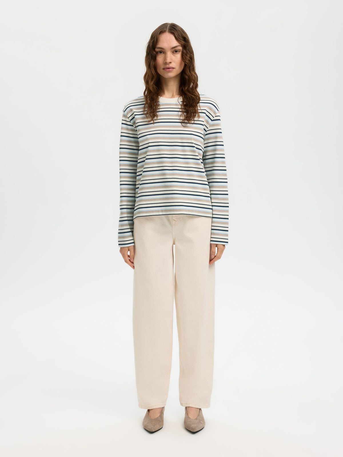 SELECTED Essential LS Striped Boxy Tee in Cashmere Blue, Multi stripe