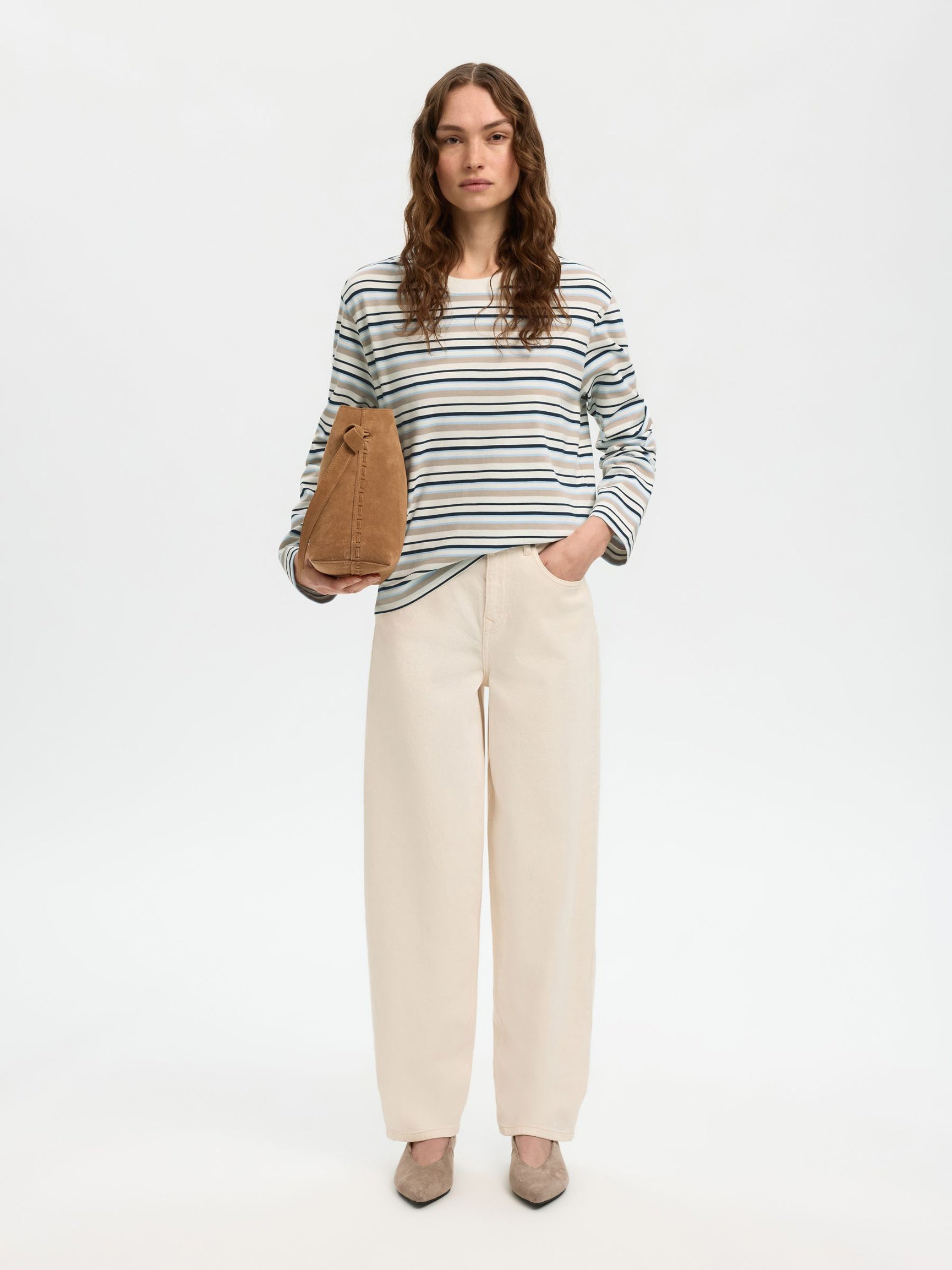 SELECTED Essential LS Striped Boxy Tee in Cashmere Blue, Multi stripe