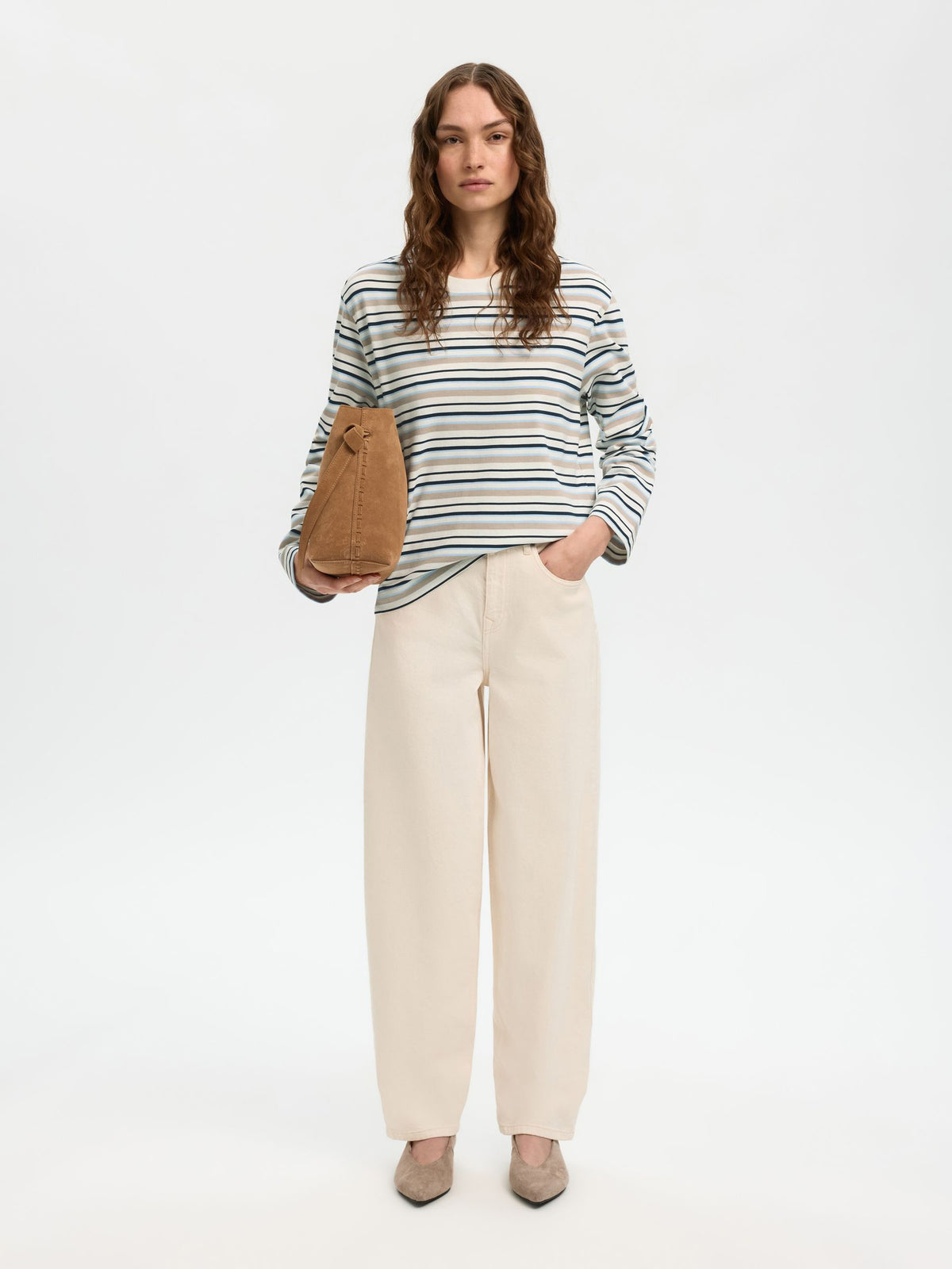 SELECTED Essential LS Striped Boxy Tee in Cashmere Blue, Multi stripe