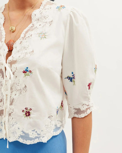RIXO Ursula Top in Bud Embroidery Ivory