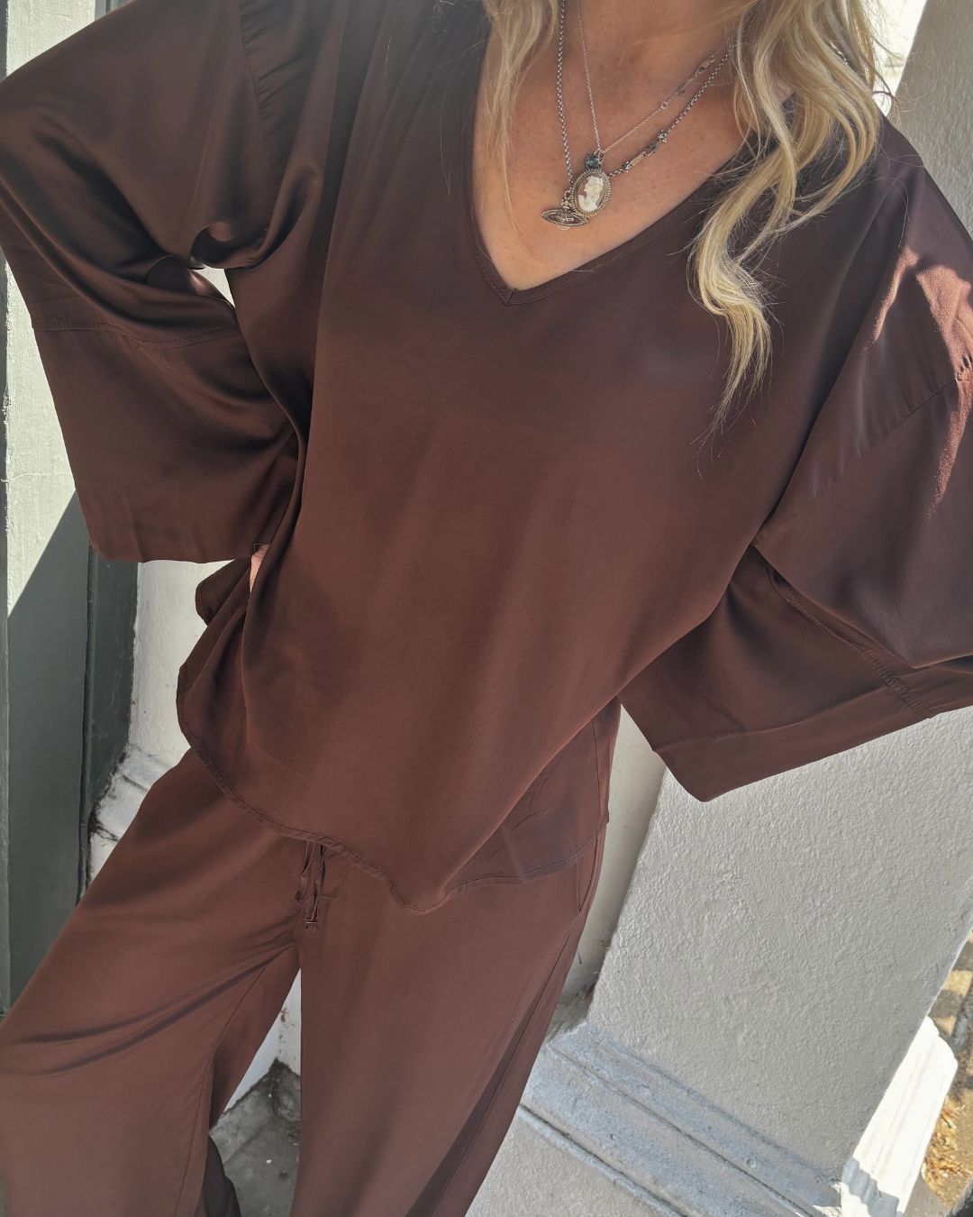 Crossley Brasir LS V Neck Top - Choco
