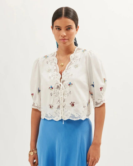 RIXO Ursula Top in Bud Embroidery Ivory