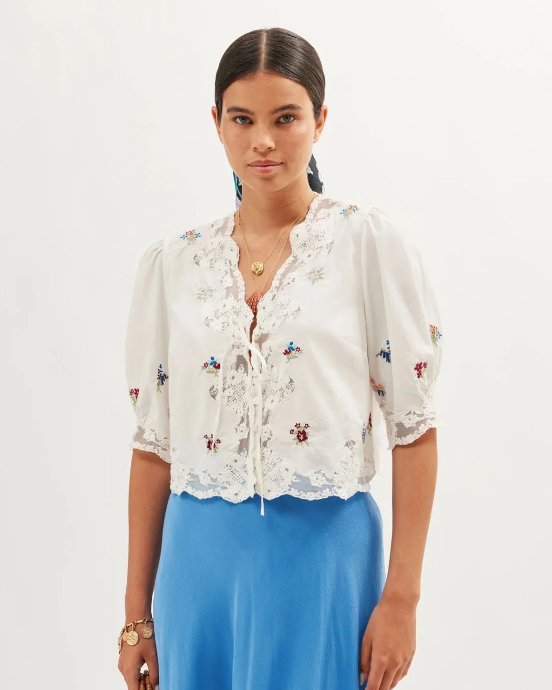 RIXO Ursula Top in Bud Embroidery Ivory