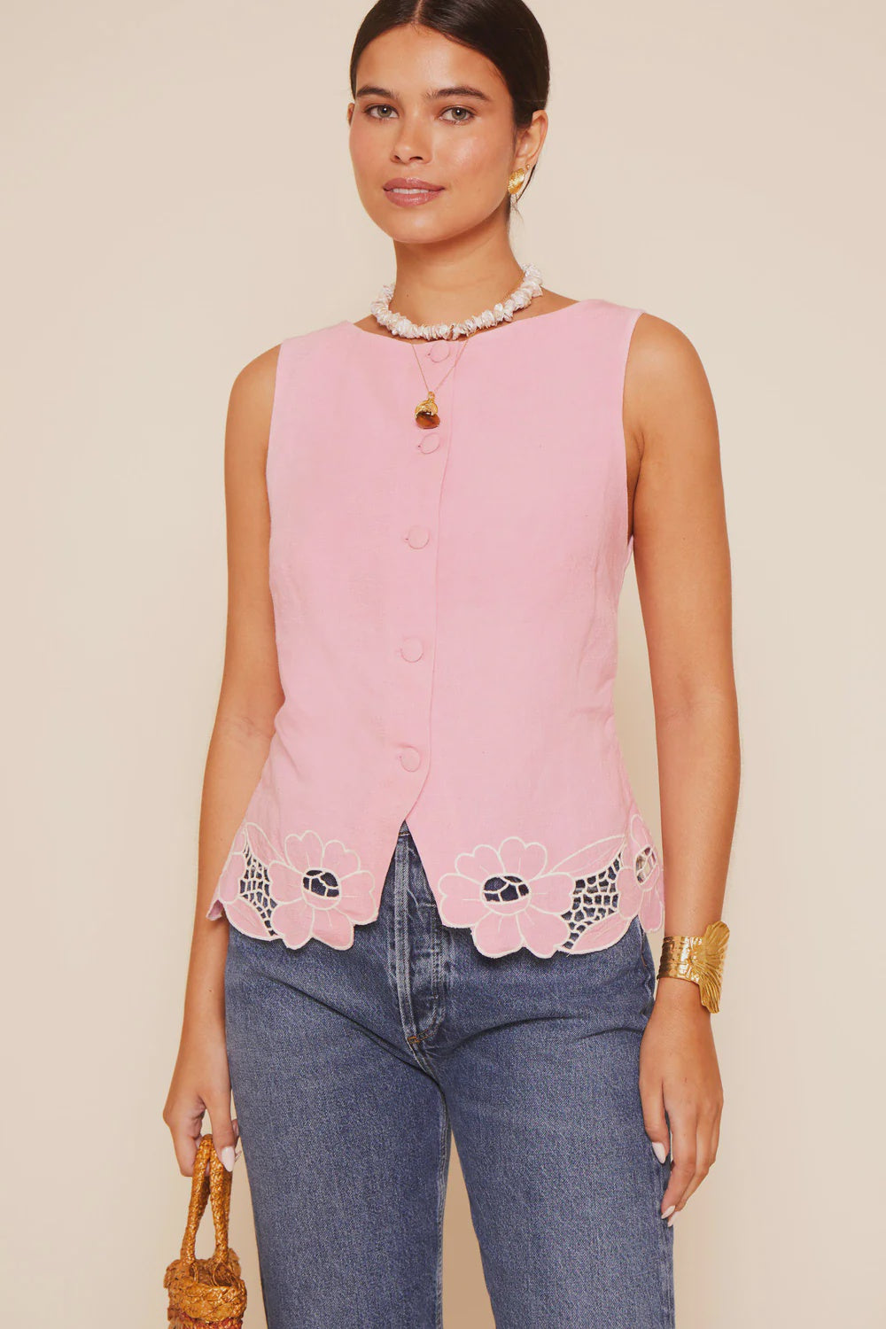 RIXO Lucca Top Floral Cutwork in Blush