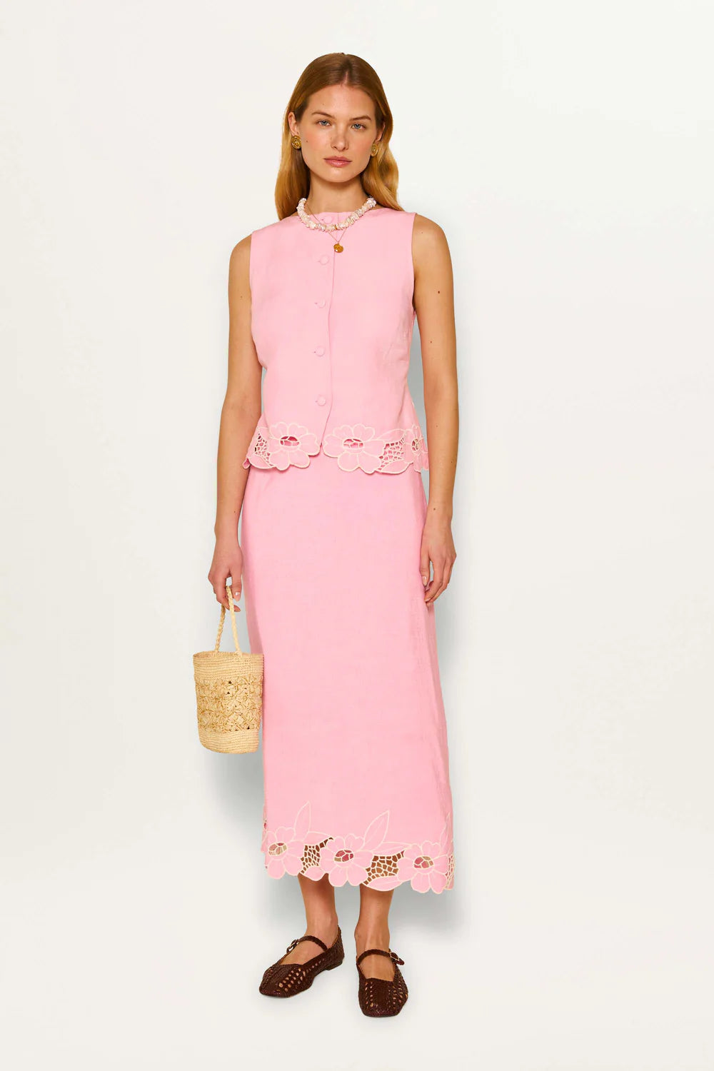 RIXO Lucca Top Floral Cutwork in Blush