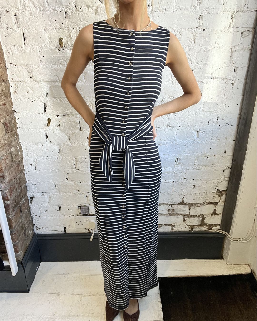 Rag & Bone Knit Button-Tie Stripe Midi Dress in Salmon