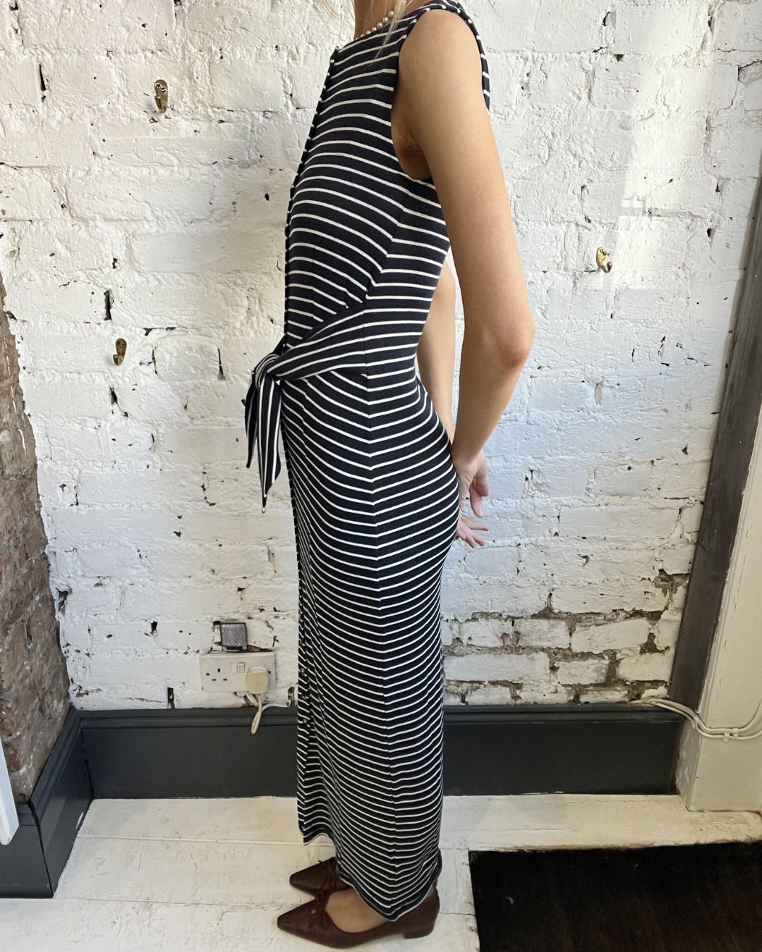 Rag & Bone Knit Button-Tie Stripe Midi Dress in Salmon