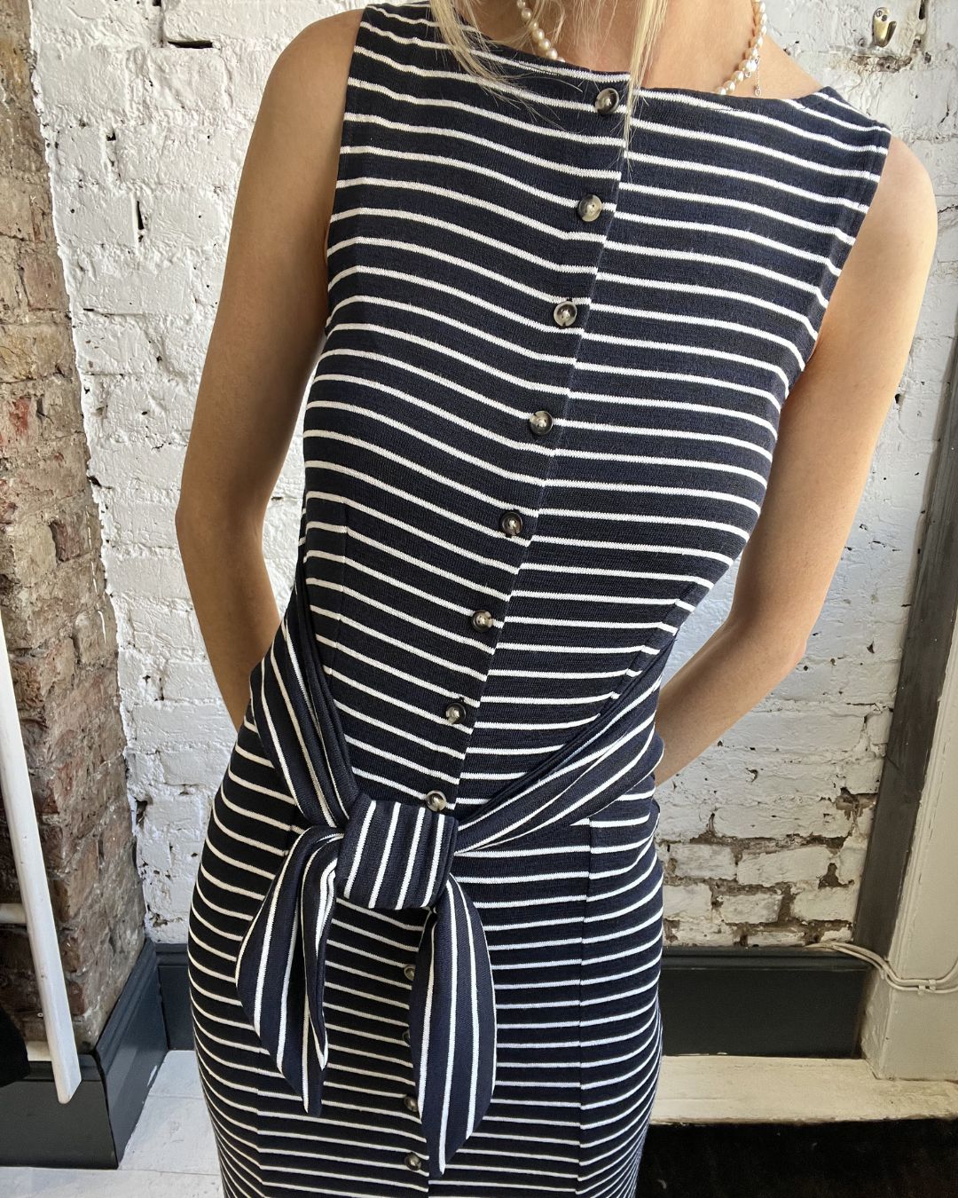 Rag & Bone Knit Button-Tie Stripe Midi Dress in Salmon