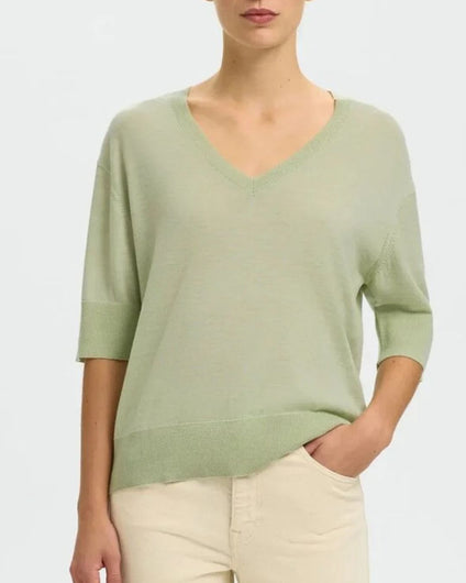 SELECTED Thea SS Knit V in Lint