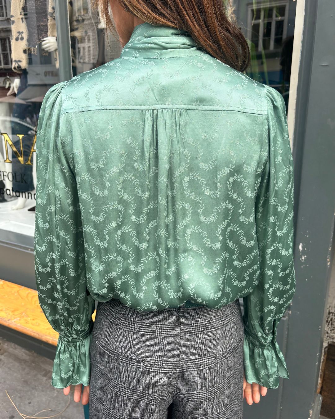 RIXO Evanora Top Floral Trail Jacquard Blouse - Sage Green