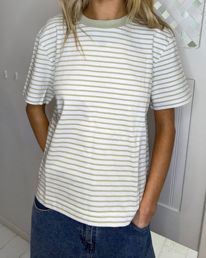 SELECTED Essential SS Striped Boxy Tee in Lint, Bright White Stripes