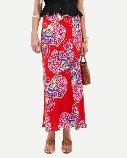 RIXO Kelly Skirt in Bloom Jacquard Red