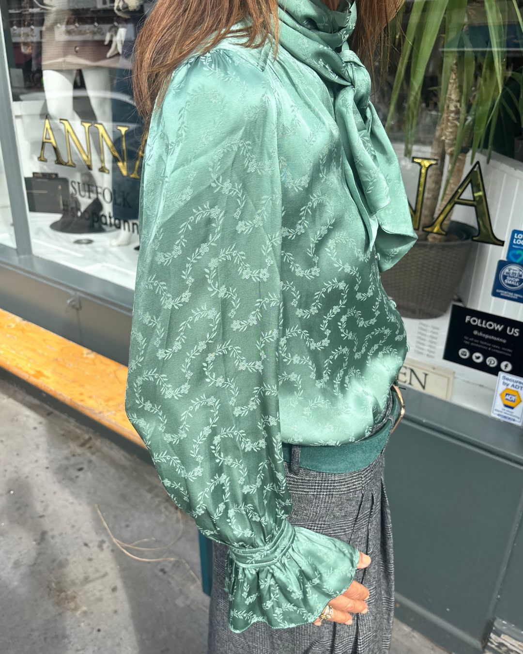 RIXO Evanora Top Floral Trail Jacquard Blouse - Sage Green