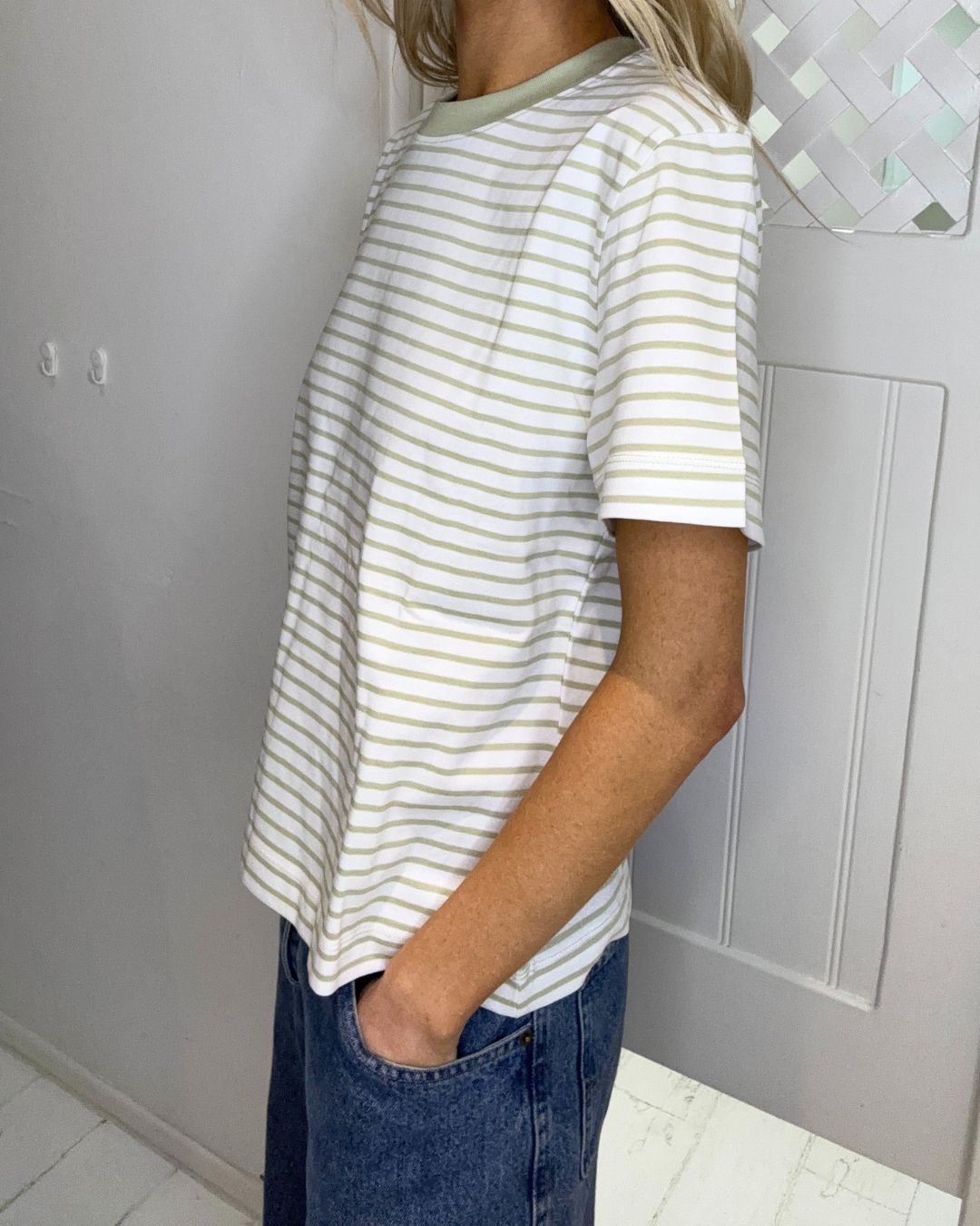 SELECTED Essential SS Striped Boxy Tee in Lint, Bright White Stripes