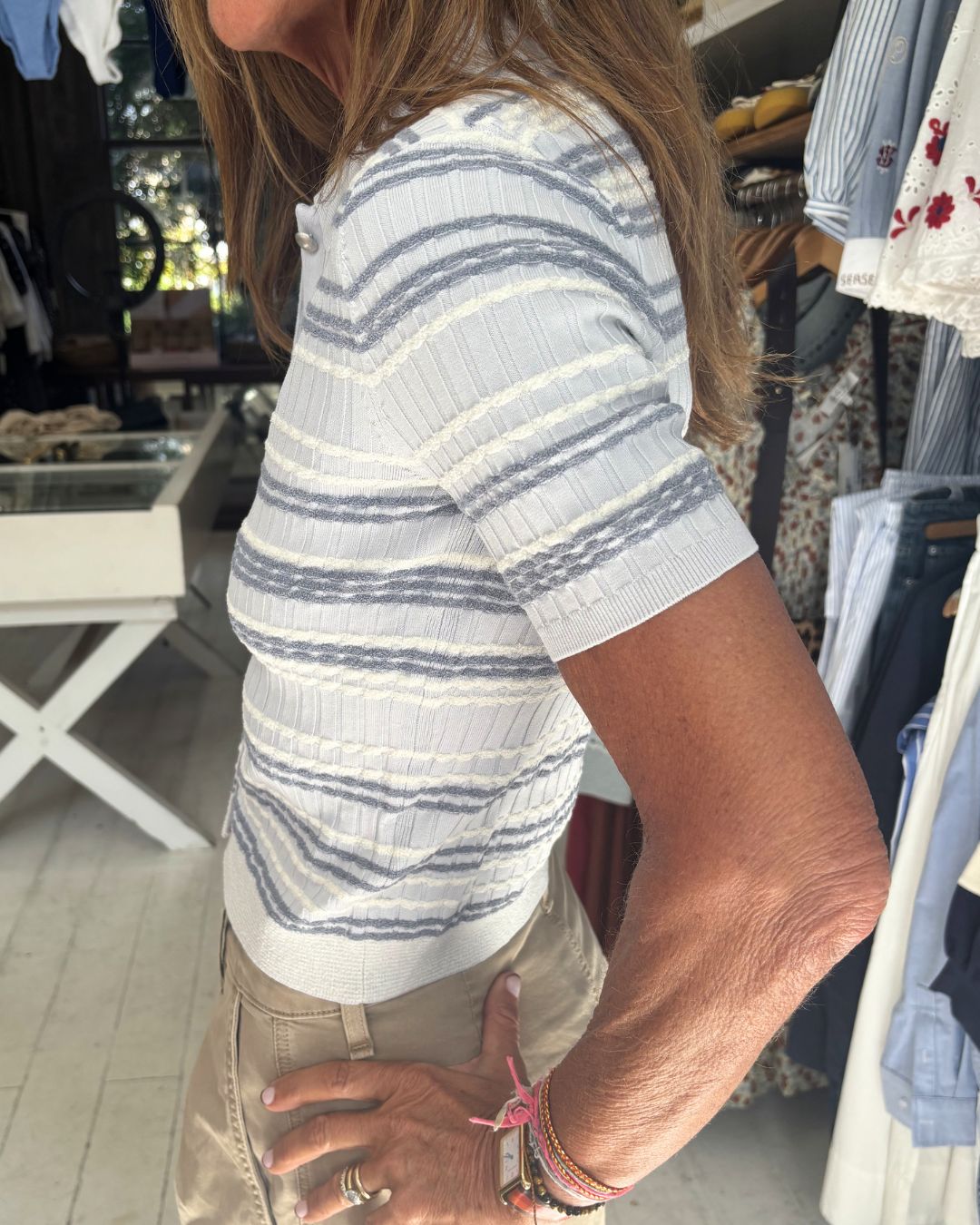 Rag & Bone Karina Stripe SS Cardi - Light Blue