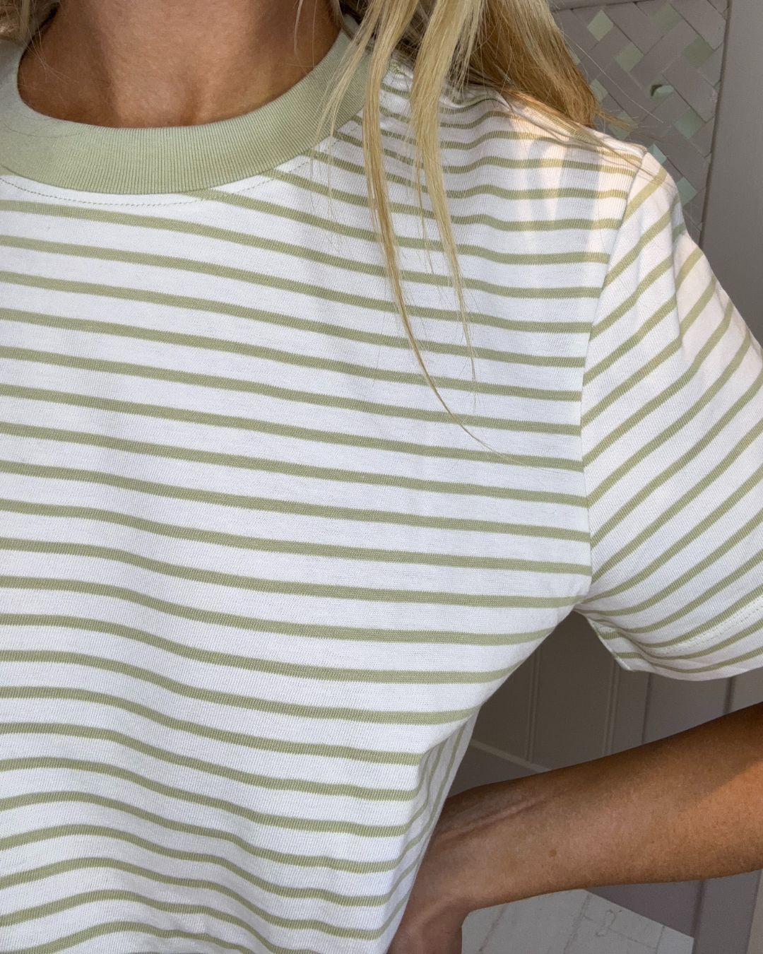 SELECTED Essential SS Striped Boxy Tee in Lint, Bright White Stripes
