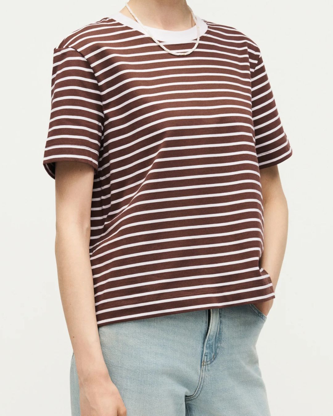 SELECTED SS Boxy Striped Tee in Chestnut & White