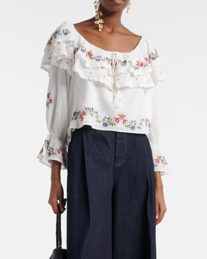 RIXO Maurine Top in Lilia Embroidery Ivory