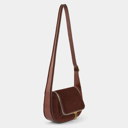 AH Small Vere Crossbody in Dark Cedar Suede, Vintage Calf
