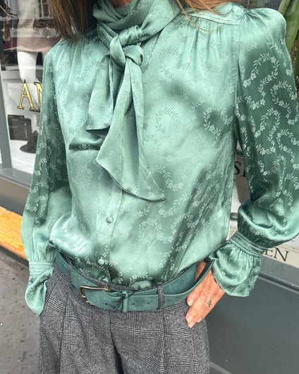 RIXO Evanora Top Floral Trail Jacquard Blouse - Sage Green