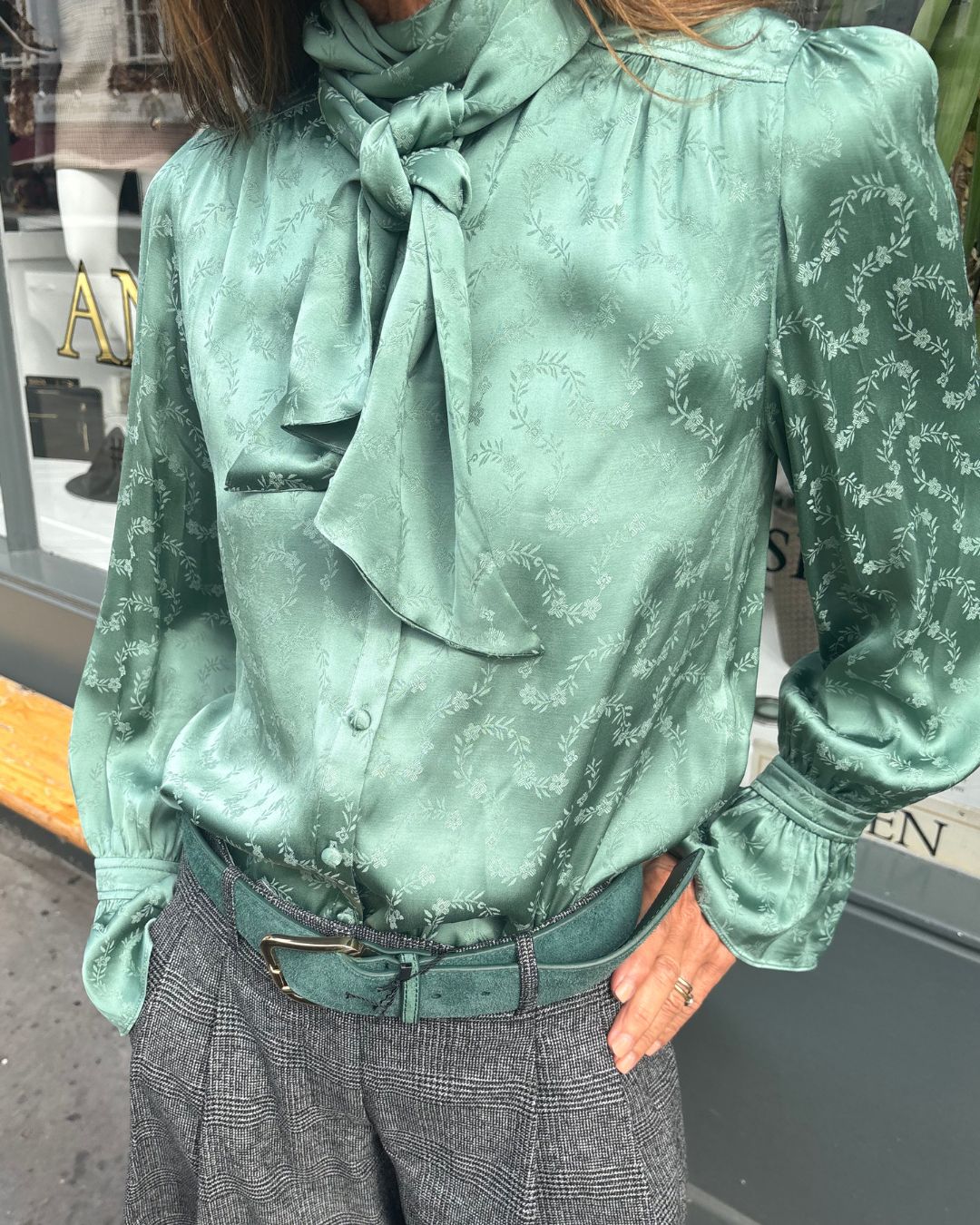 RIXO Evanora Top Floral Trail Jacquard Blouse - Sage Green
