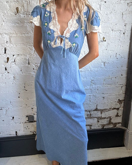 RIXO Amari Dress in Bud Embroidery Blue