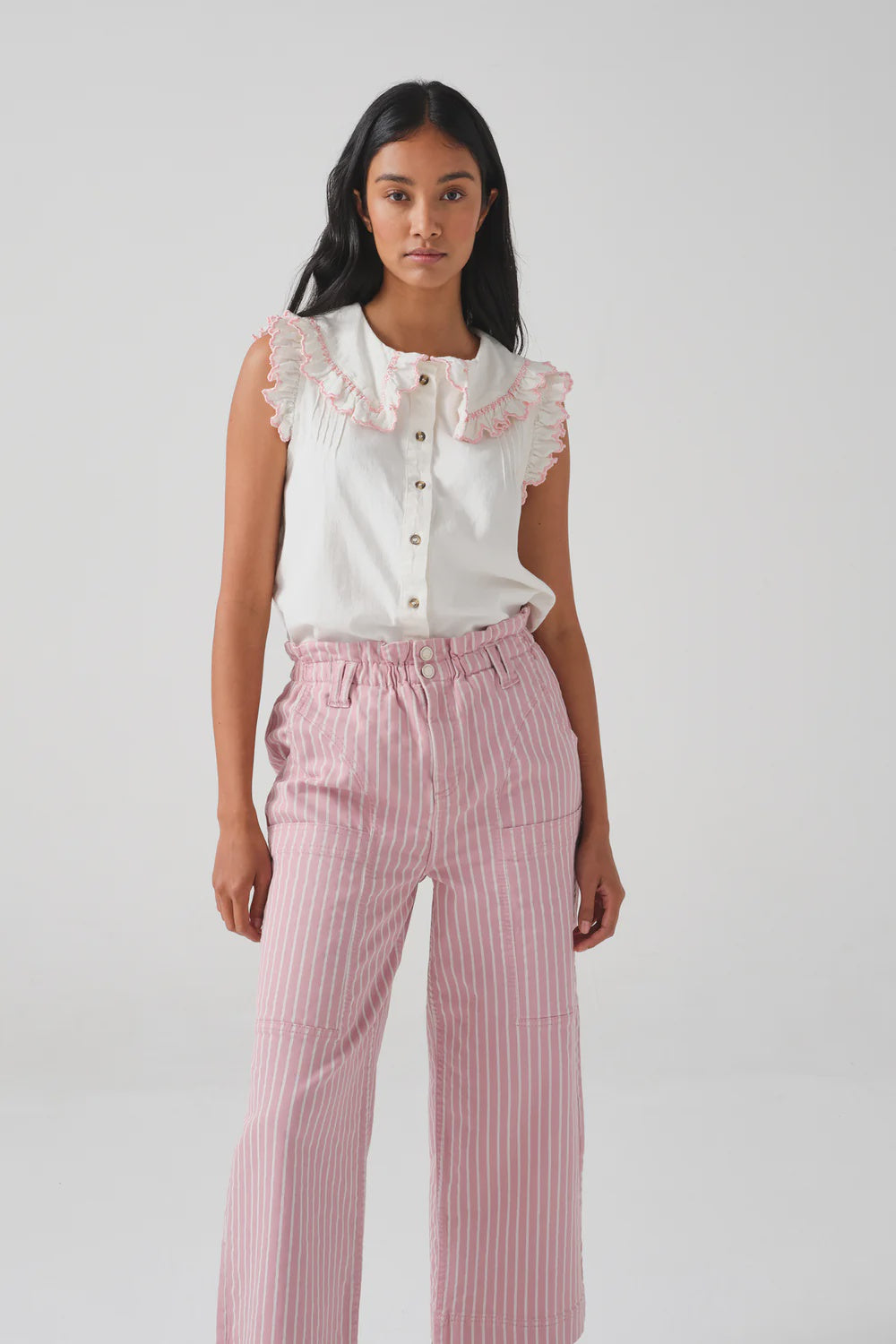 S&M SS Pheobe Blouse in Ecru, Dusty Rose