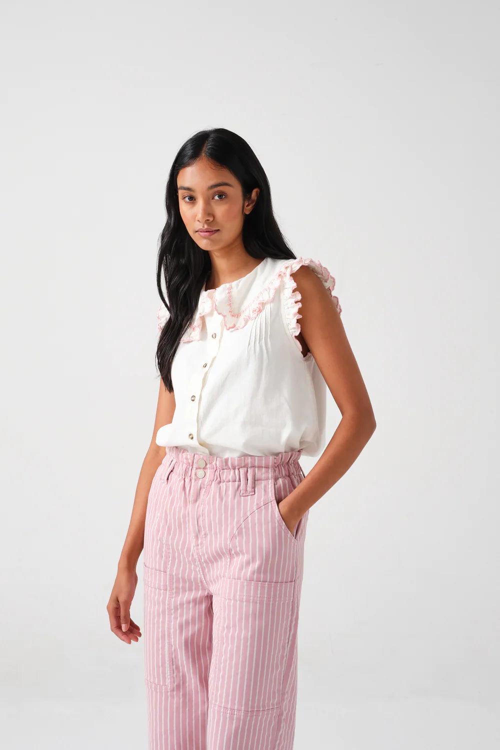 S&M SS Pheobe Blouse in Ecru, Dusty Rose