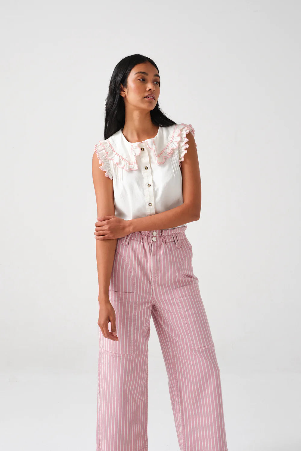 S&M SS Pheobe Blouse in Ecru, Dusty Rose