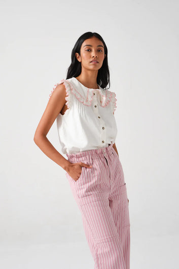 S&M SS Pheobe Blouse in Ecru, Dusty Rose