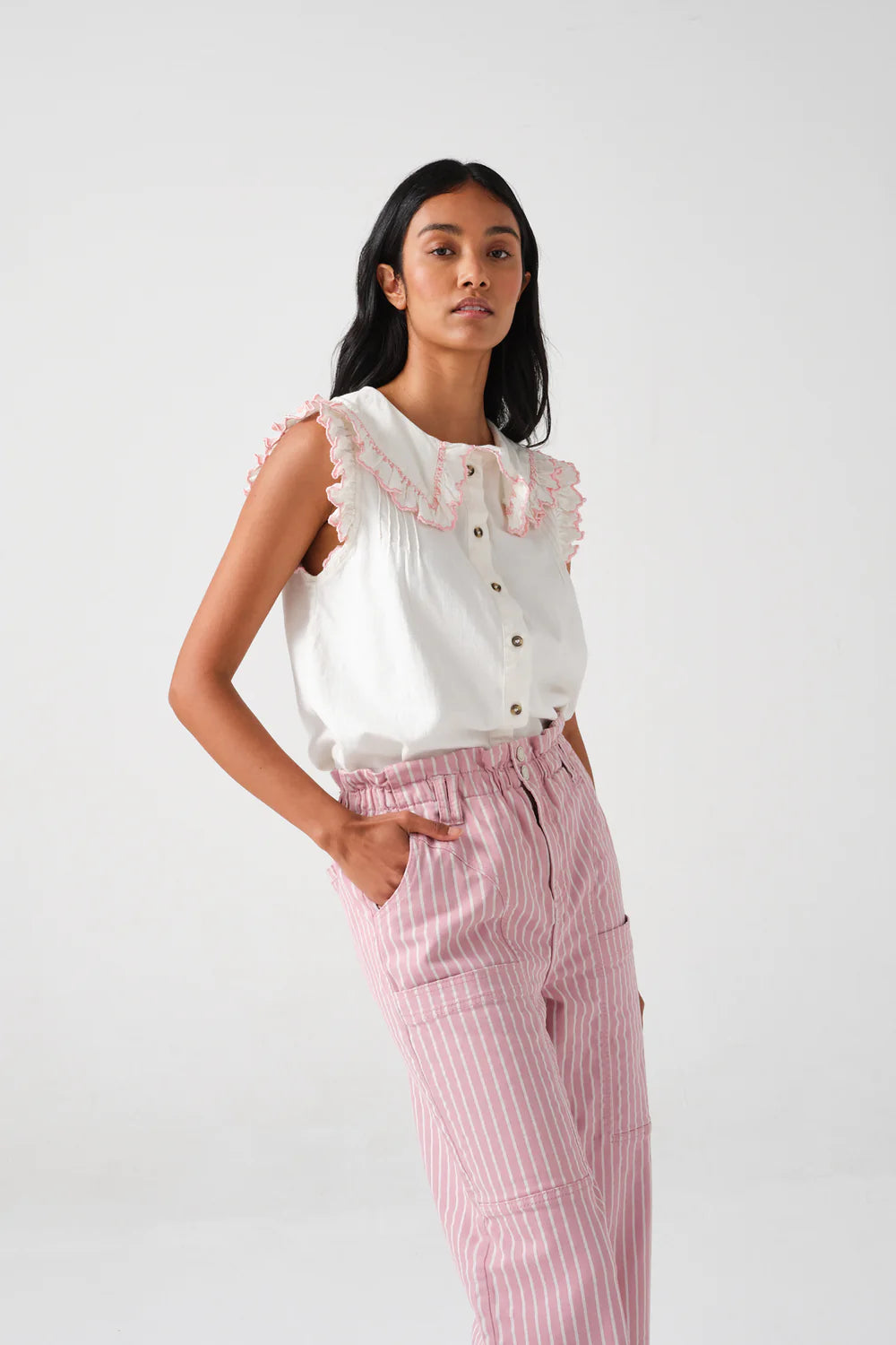 S&M SS Pheobe Blouse in Ecru, Dusty Rose