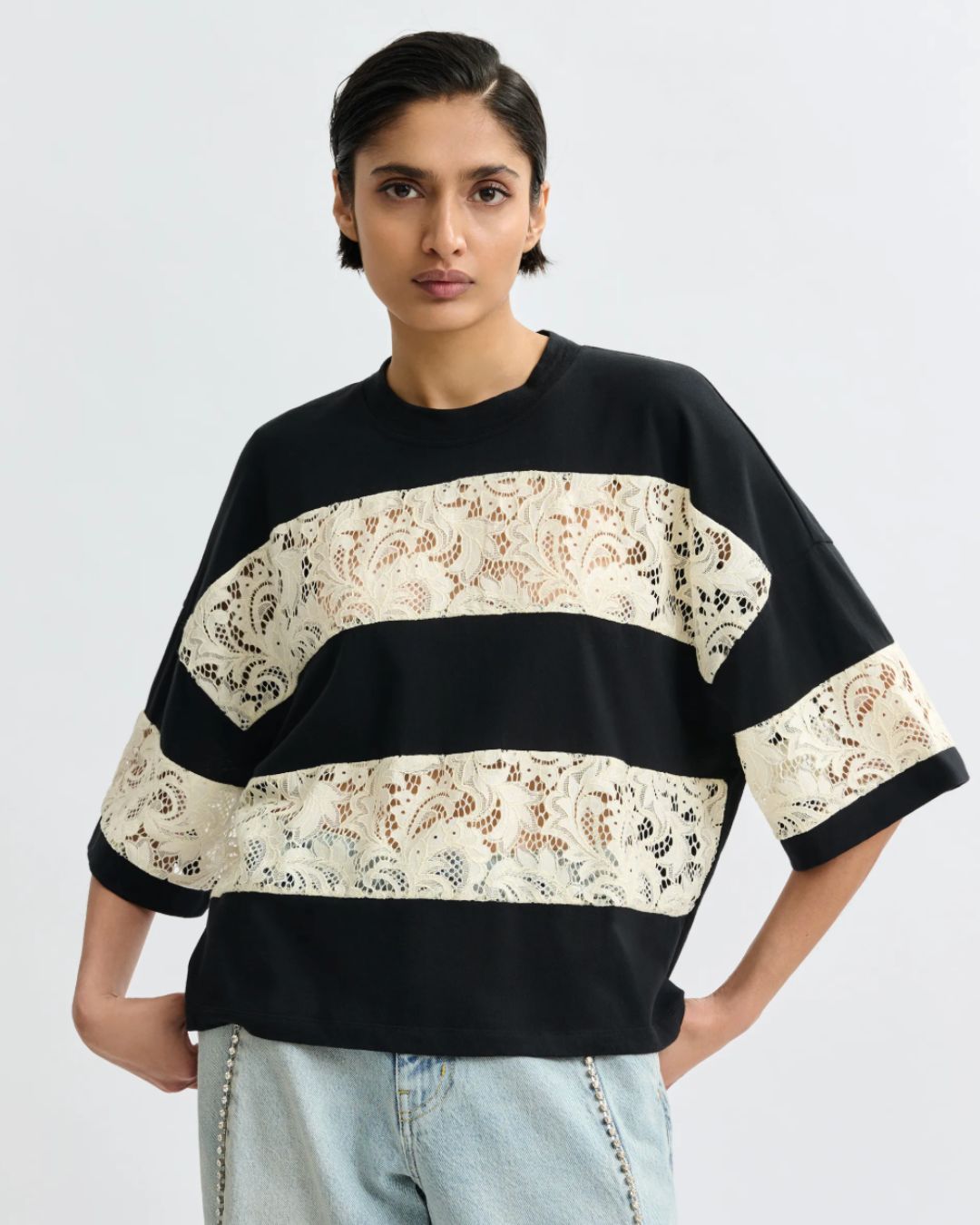 Essentiel Antwerp Jemix Striped Lace Tee in Black