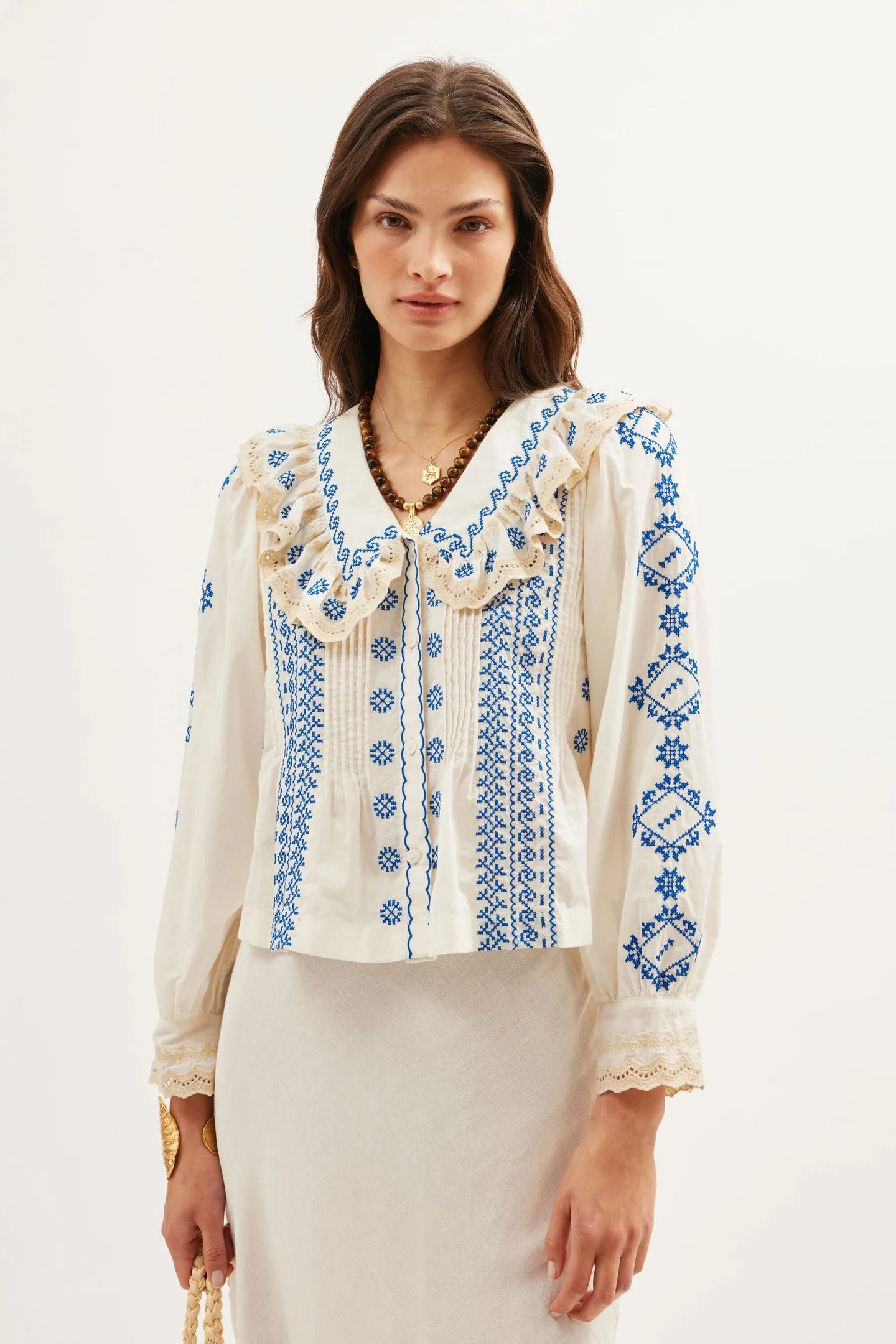 RIXO Percy Top in Mila Embroidery Cream