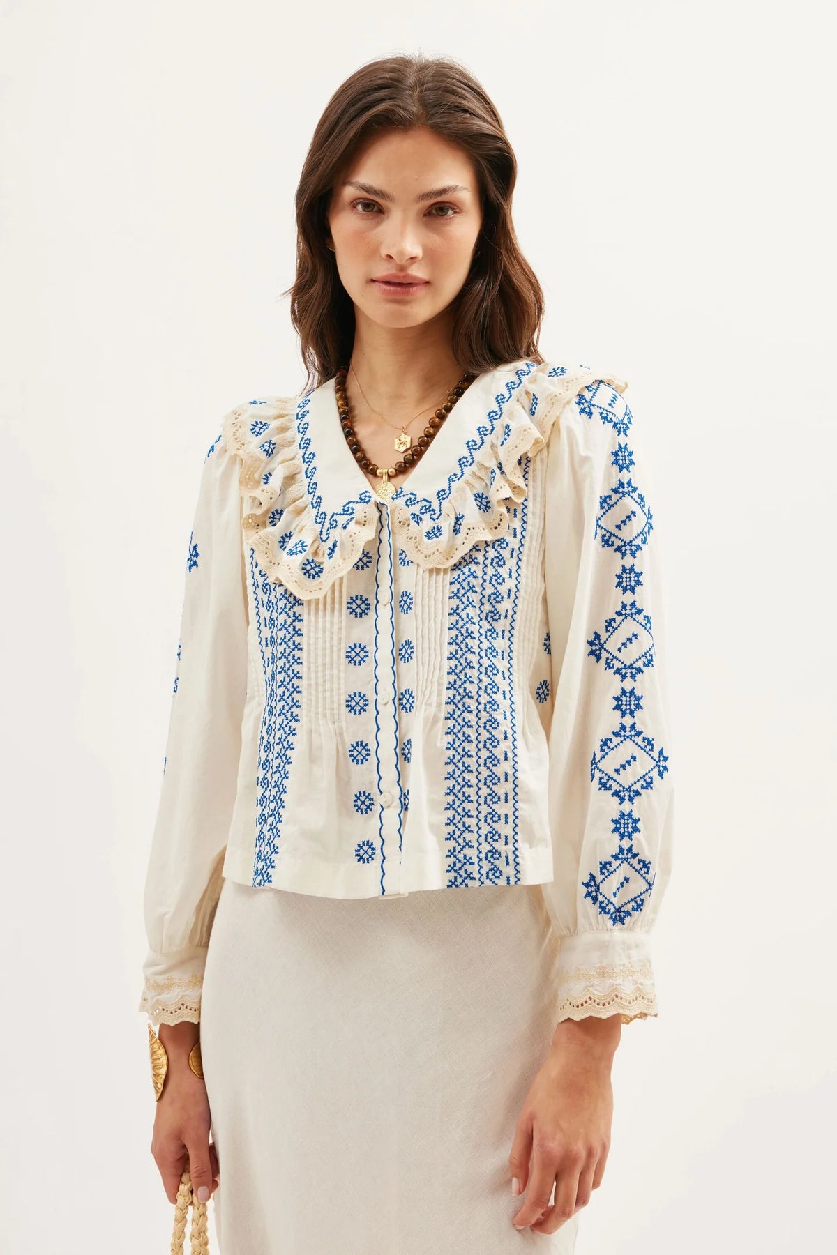 RIXO Percy Top in Mila Embroidery Cream