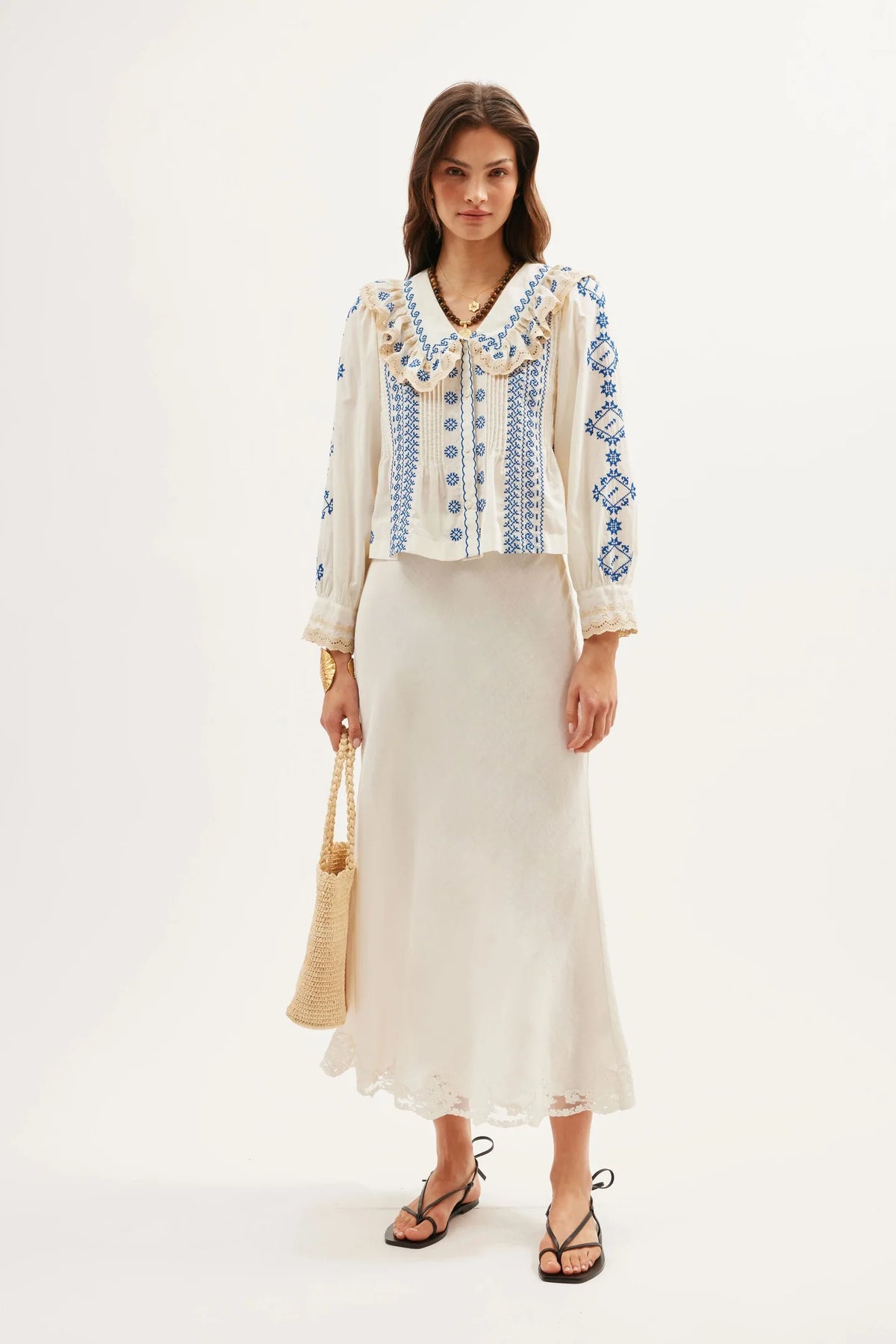 RIXO Percy Top in Mila Embroidery Cream