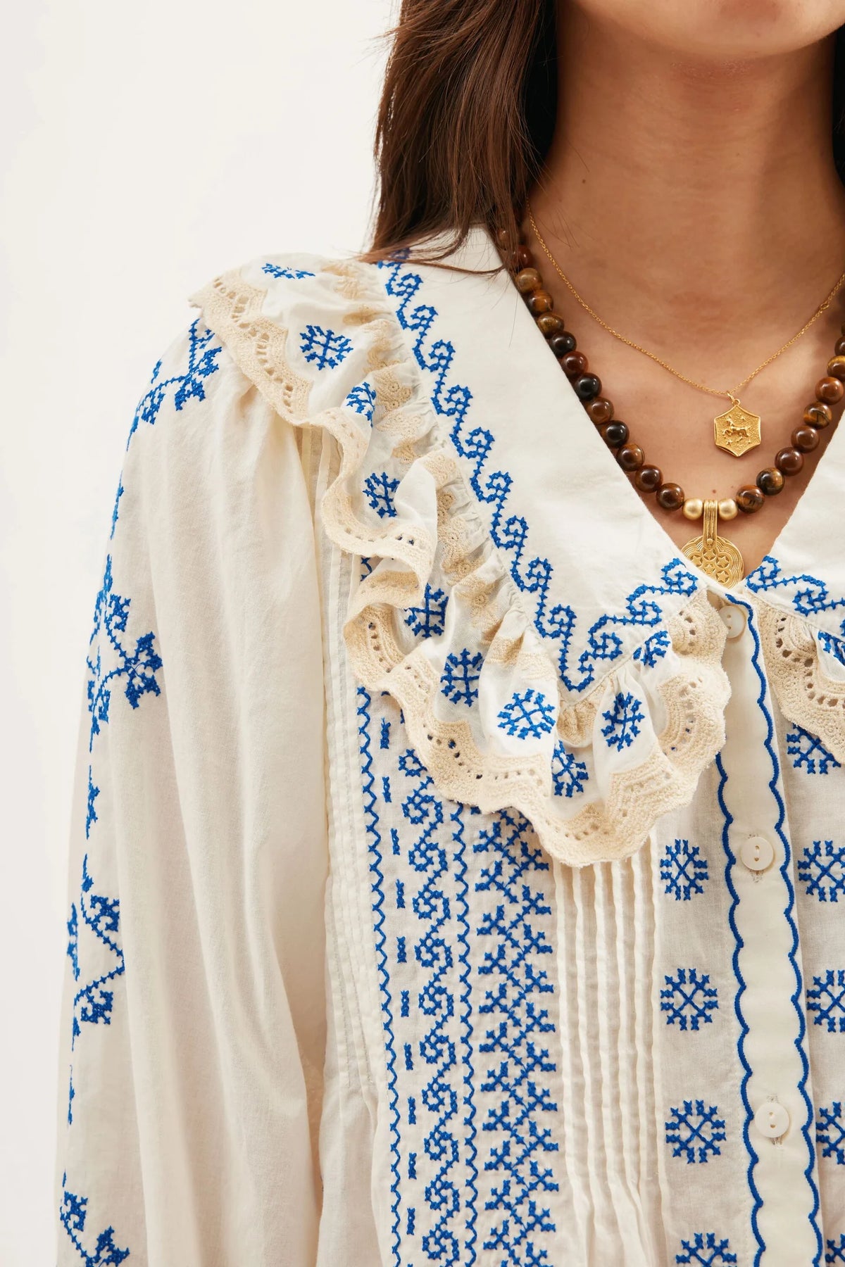 RIXO Percy Top in Mila Embroidery Cream