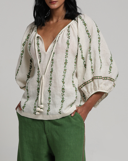 Viam Liliana Linen Blouse in Green