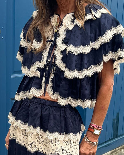 Sea New York Shay Lace Tie Front Sleeve Top - Navy