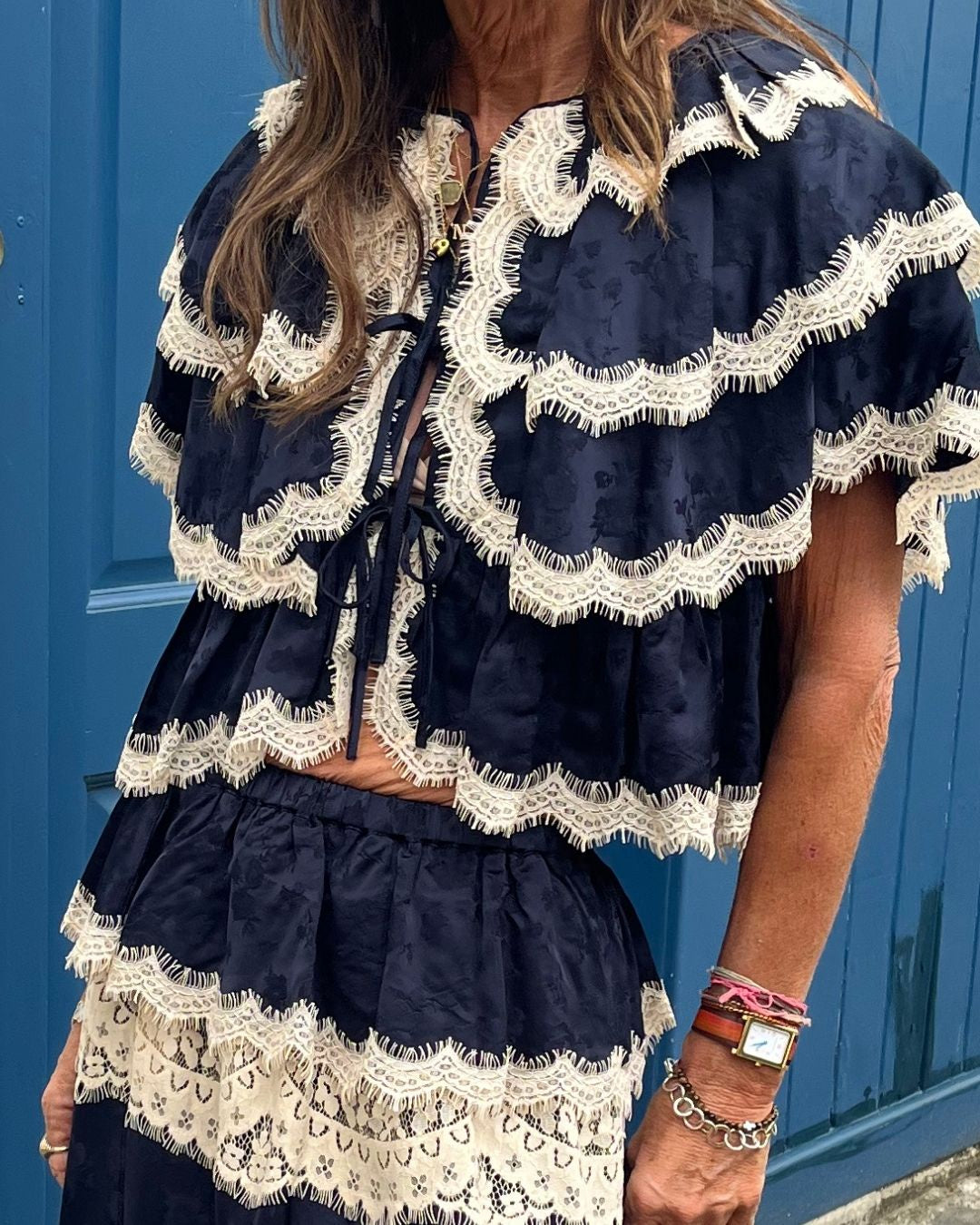 Sea New York Shay Lace Tie Front Sleeve Top - Navy