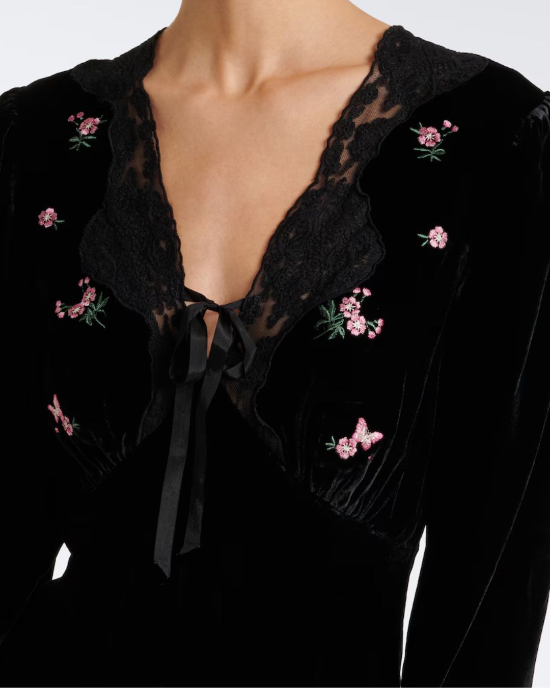 RIXO Caroline Embroidered Velvet Mini Dress - Sierra Bloom Embroidery Black