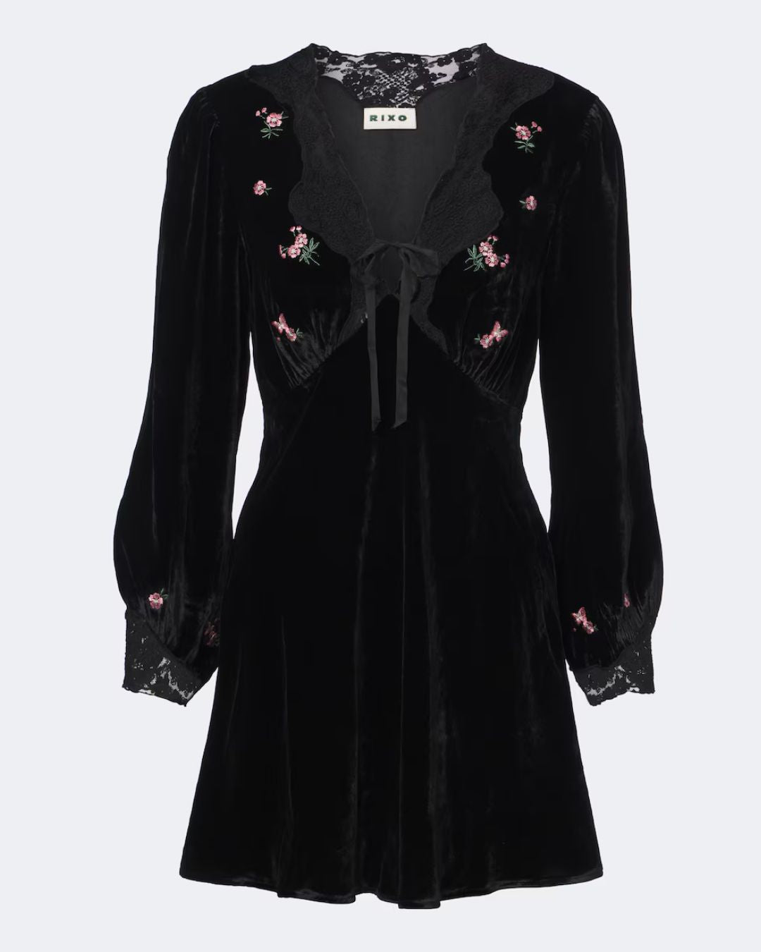RIXO Caroline Embroidered Velvet Mini Dress - Sierra Bloom Embroidery Black