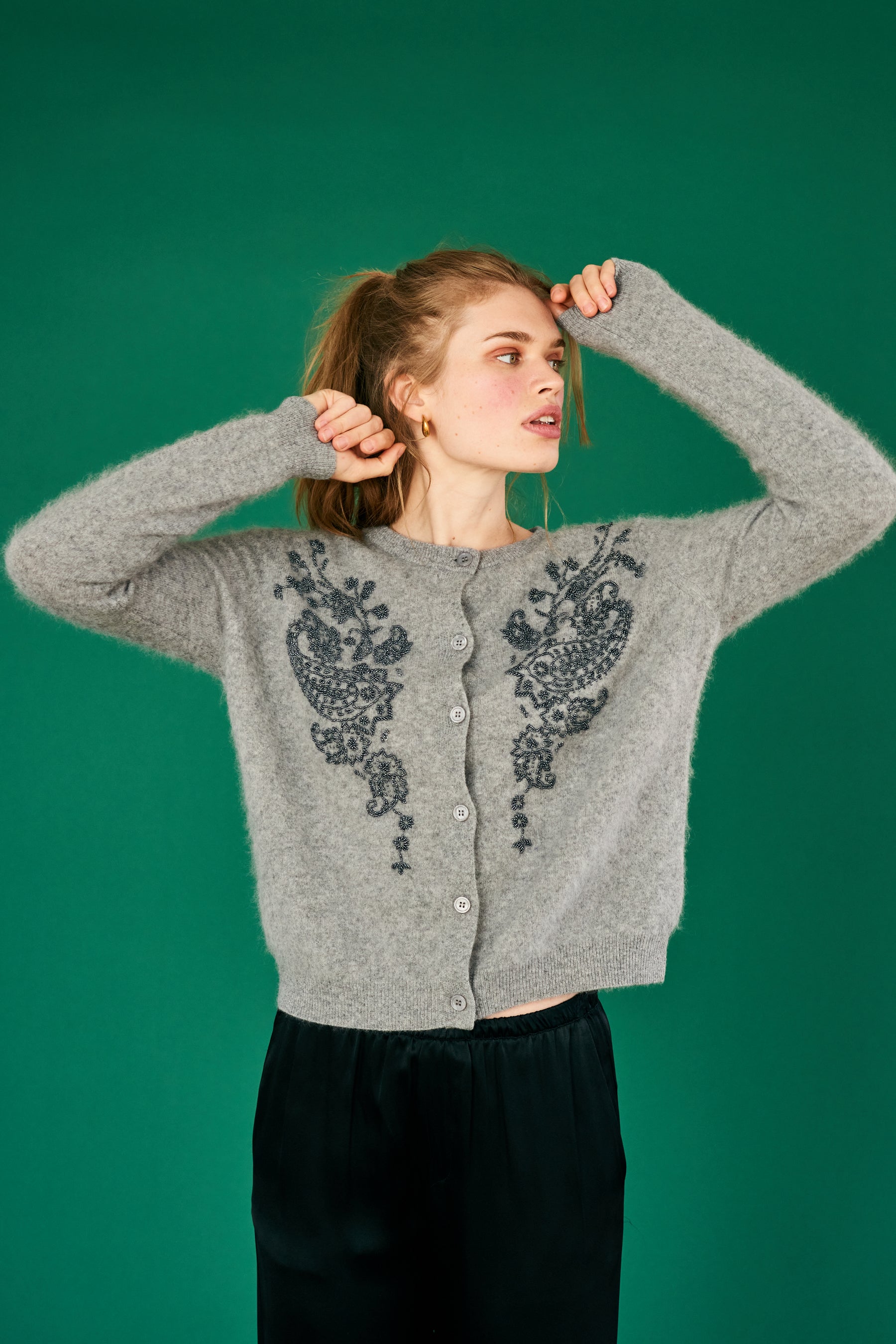 Jumper 1234 Beaded Paisley Cardigan - Cloud, Navy
