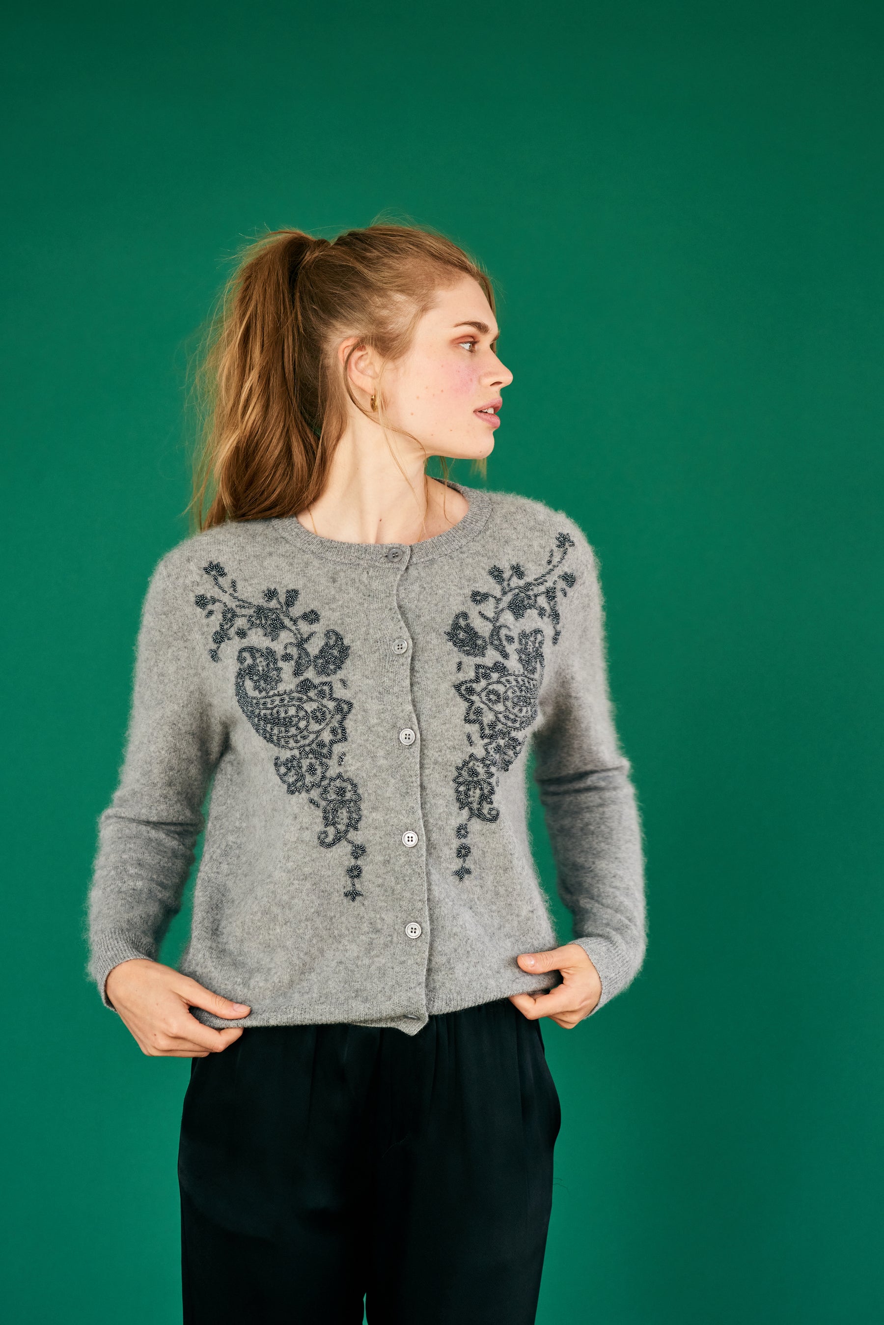 Jumper 1234 Beaded Paisley Cardigan - Cloud, Navy