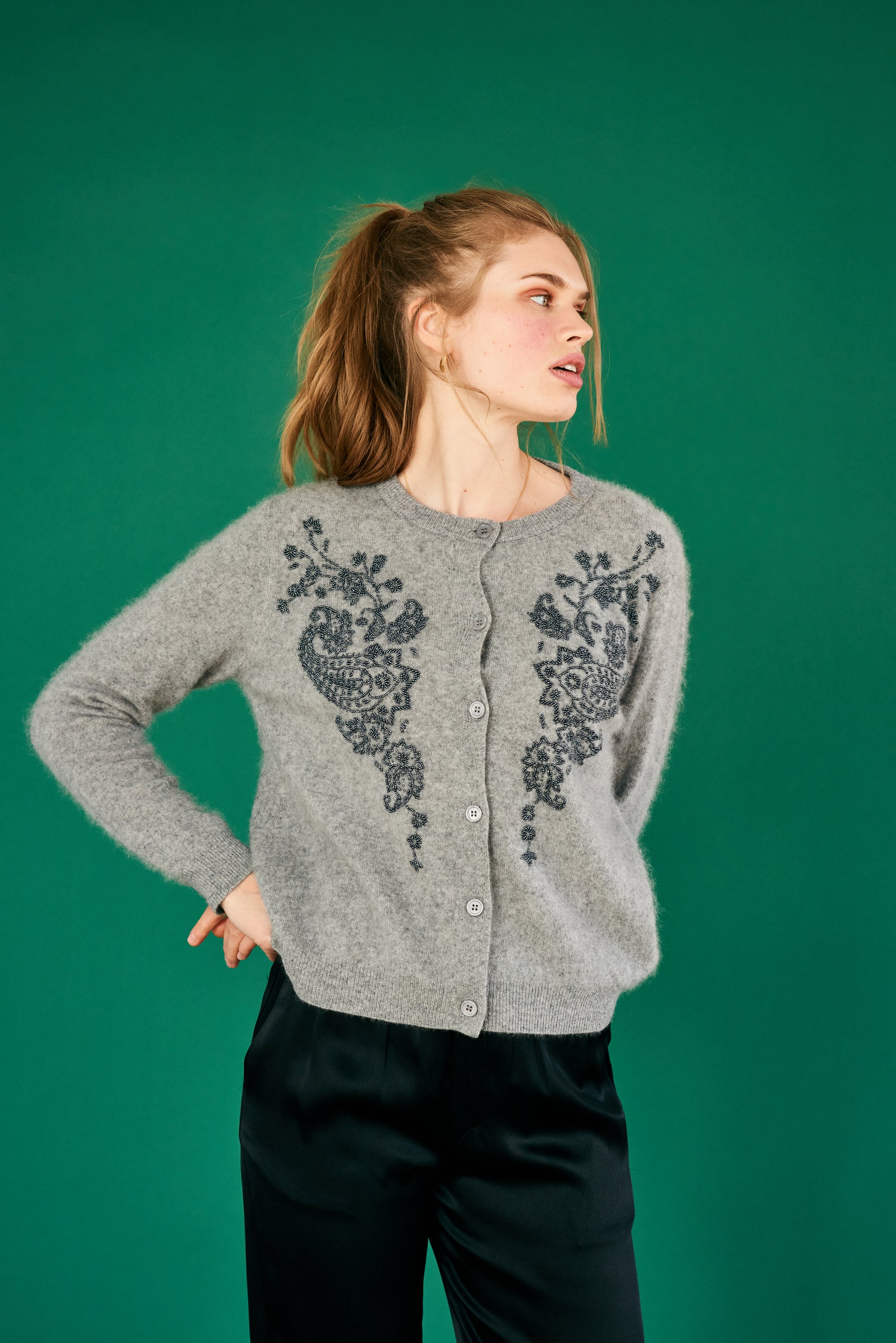 Jumper 1234 Beaded Paisley Cardigan - Cloud, Navy