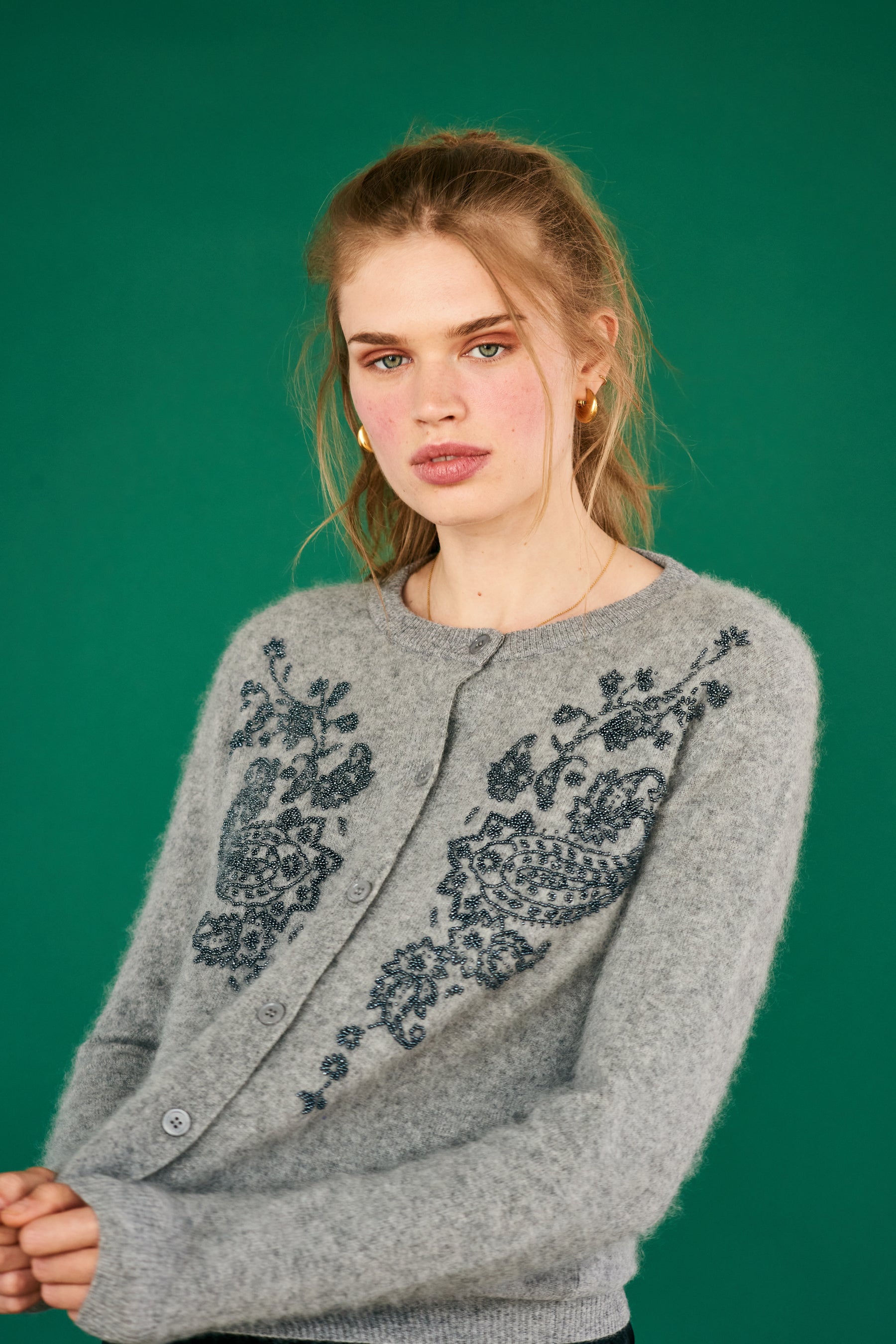 Jumper 1234 Beaded Paisley Cardigan - Cloud, Navy