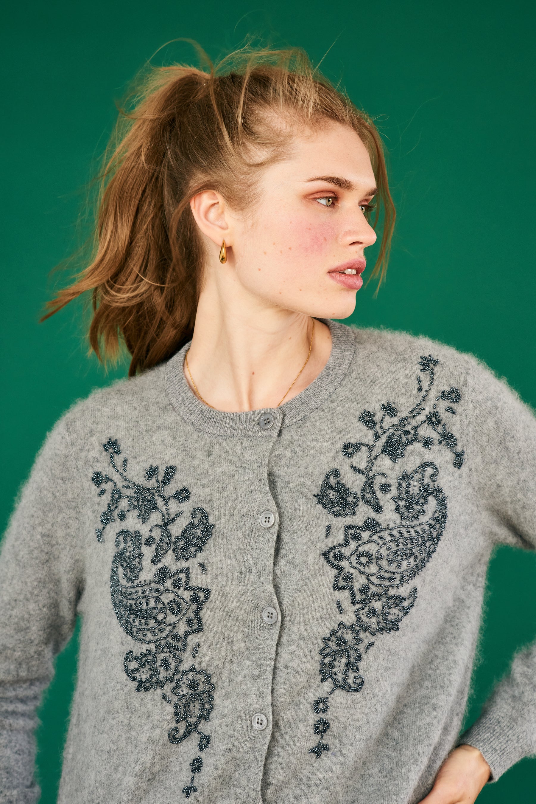 Jumper 1234 Beaded Paisley Cardigan - Cloud, Navy