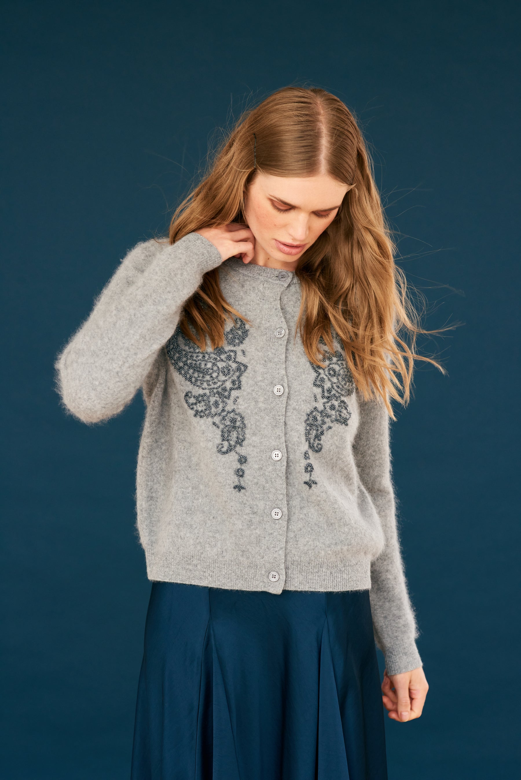 Jumper 1234 Beaded Paisley Cardigan - Cloud, Navy