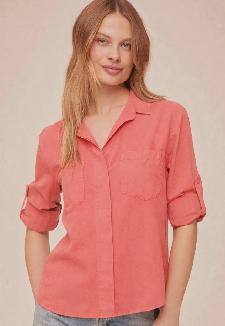 Bella Dahl Split Back Button Shirt in Wild Coral