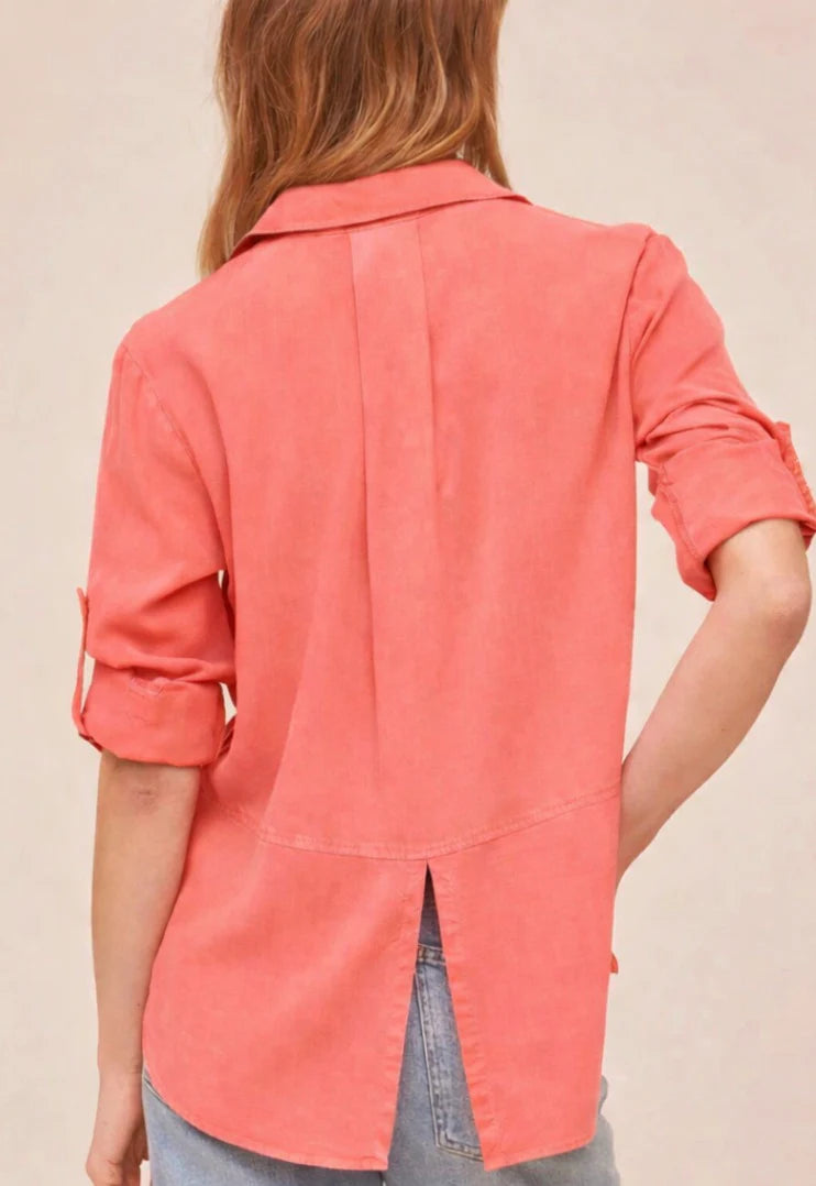 Bella Dahl Split Back Button Shirt in Wild Coral