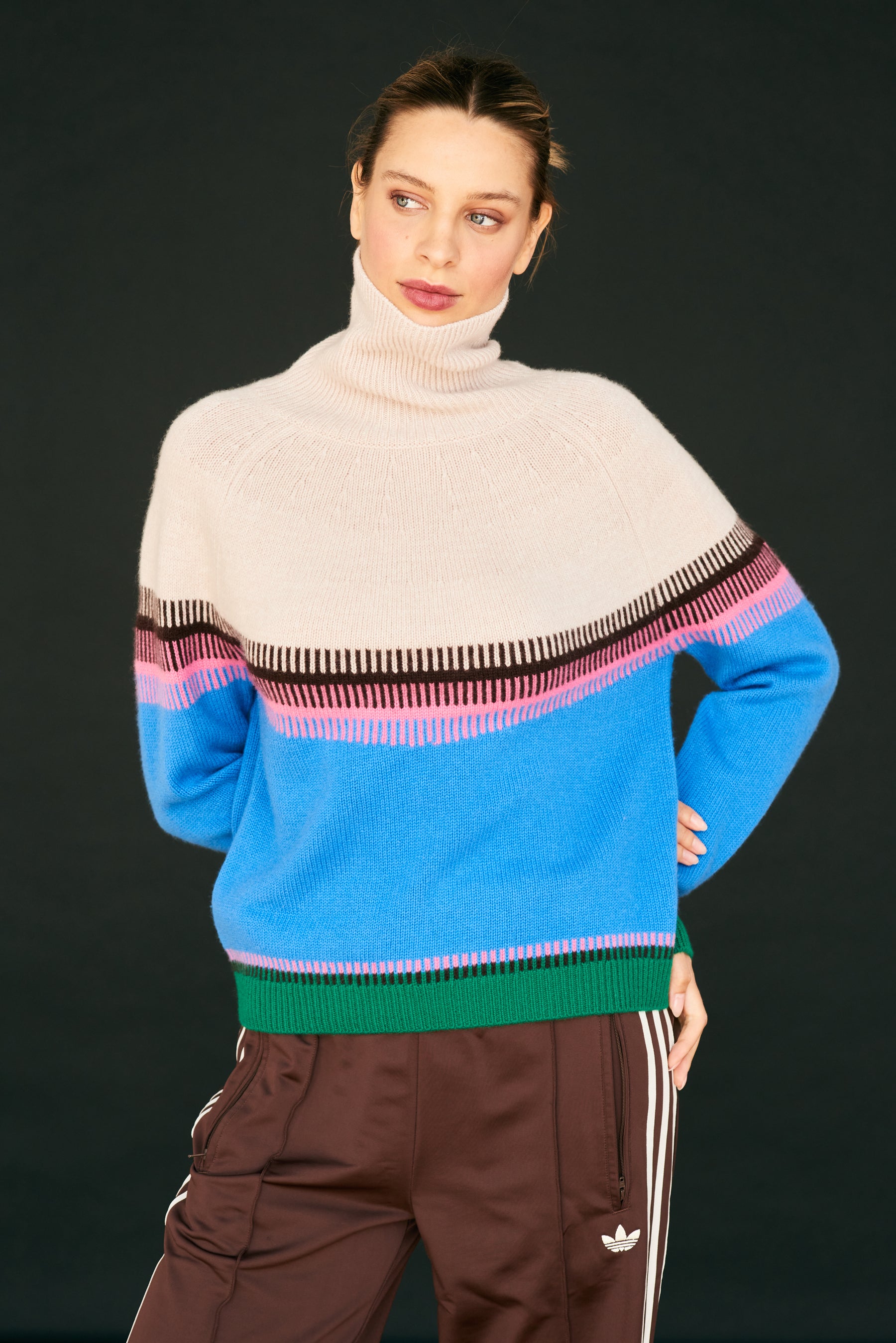 Jumper 1234 Block Fairisle Tweed Roll Collar - Light Rose, Tweed Multi
